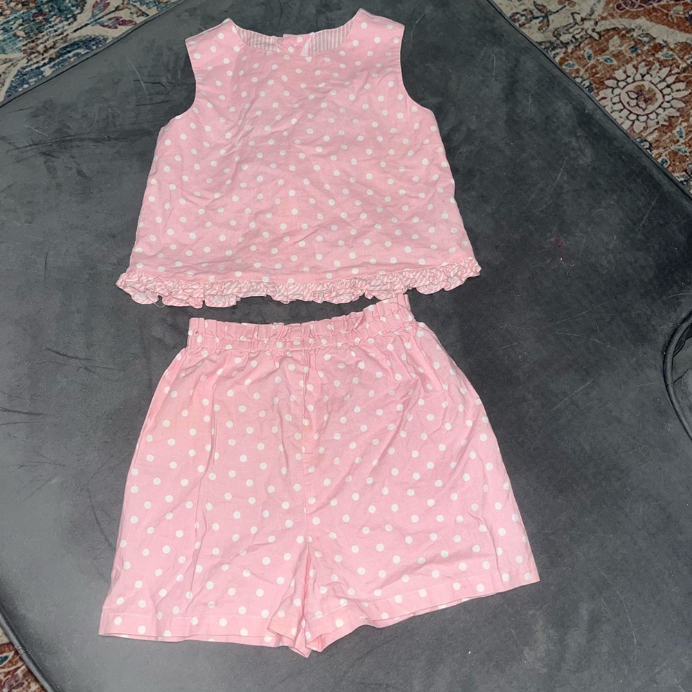 Rags Land 2 Pc outfit set pink white polka dot ruffle stripe tank top 5/6 shorts
